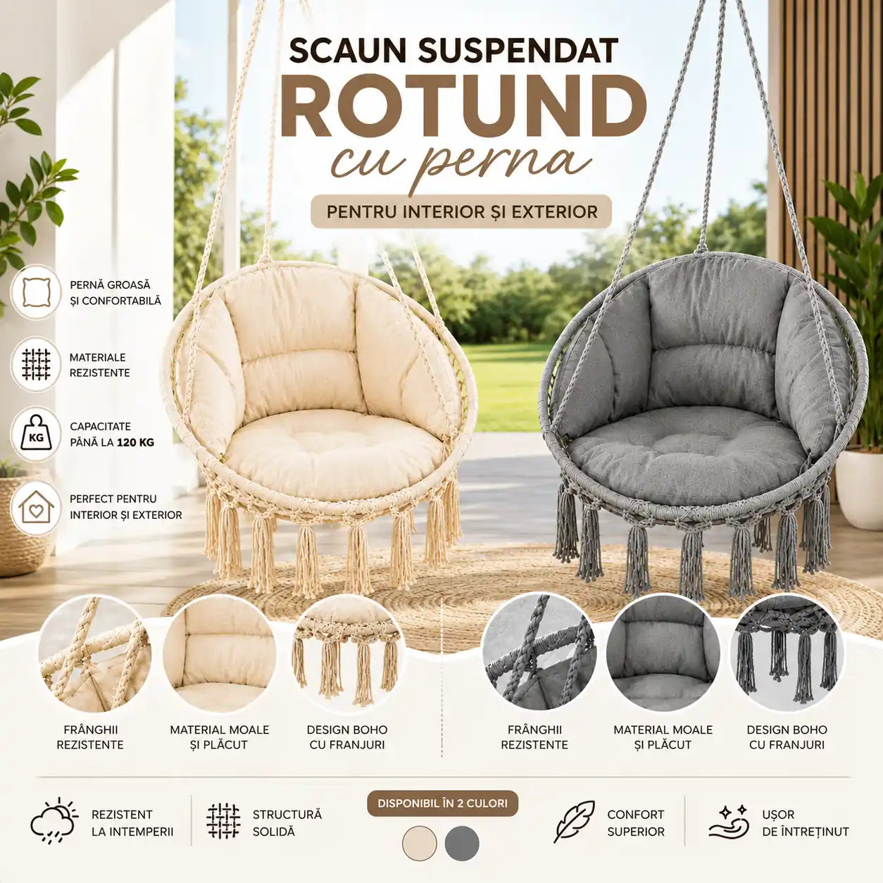 Locul Tău Preferat de Relaxare – Scaun Suspendat Rotund cu Pernă Confortabilă