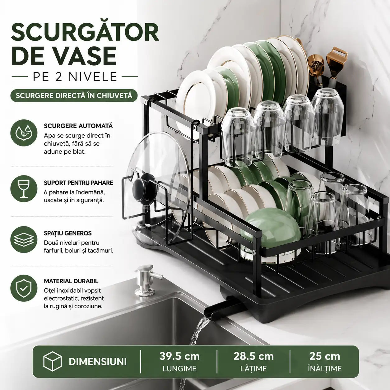Apa Ajunge Direct În Chiuvetă – Scurgător de Vase cu Suport Pentru Pahare