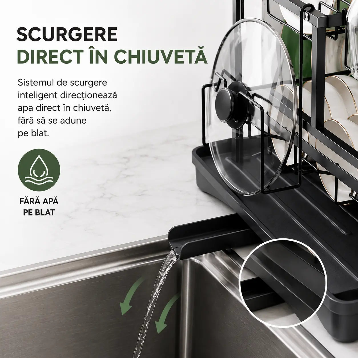 Apa Ajunge Direct În Chiuvetă – Scurgător de Vase cu Suport Pentru Pahare