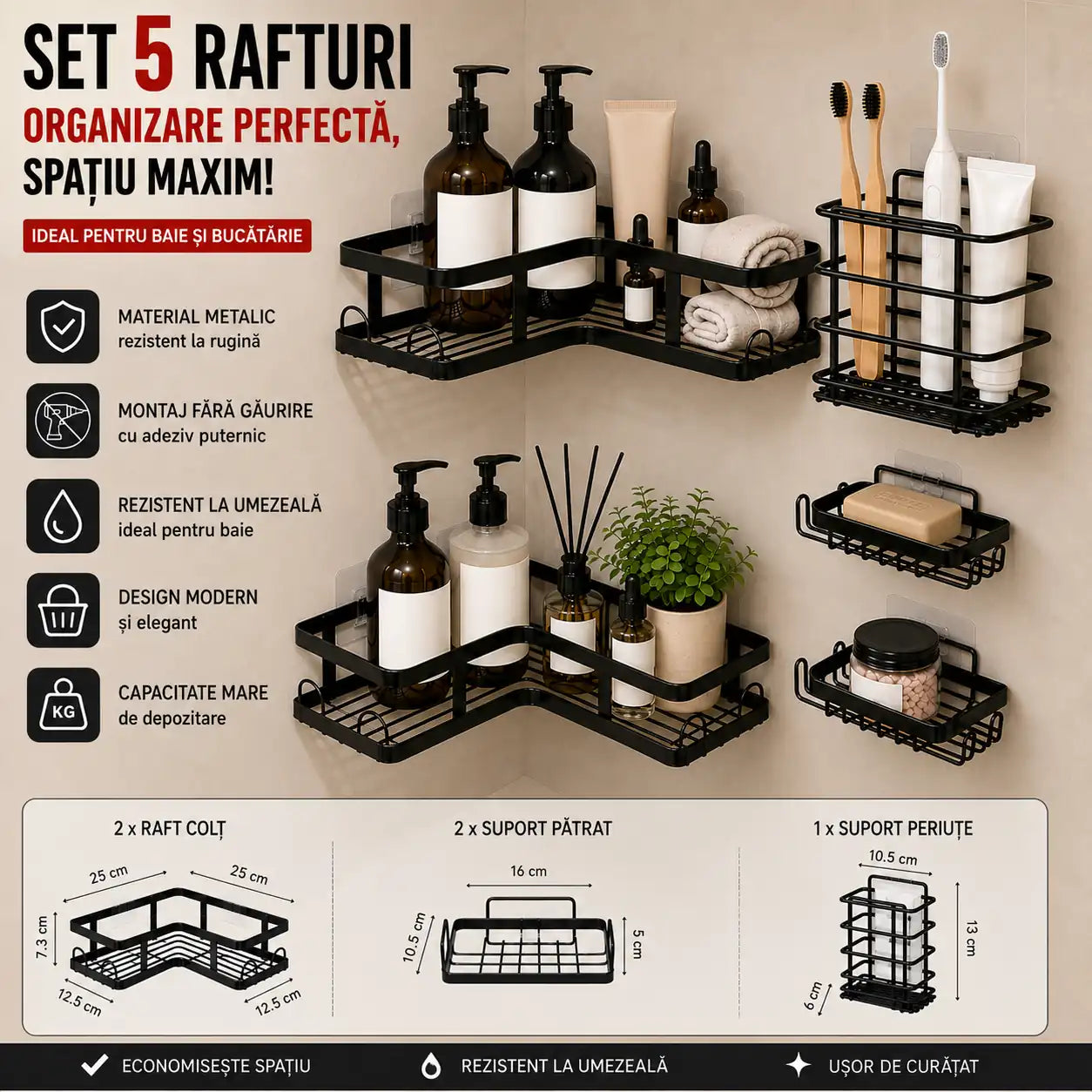 Set 5 Rafturi de Perete – Organizare Maximă Fără Găurire