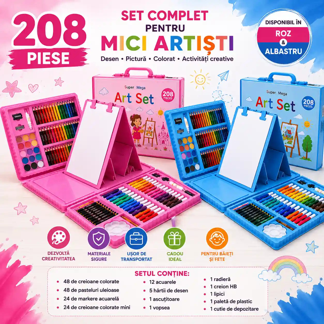 Kitul Micului Artist – Set Complet 208 Piese pentru Desen și Pictură cu Șevalet Integrat