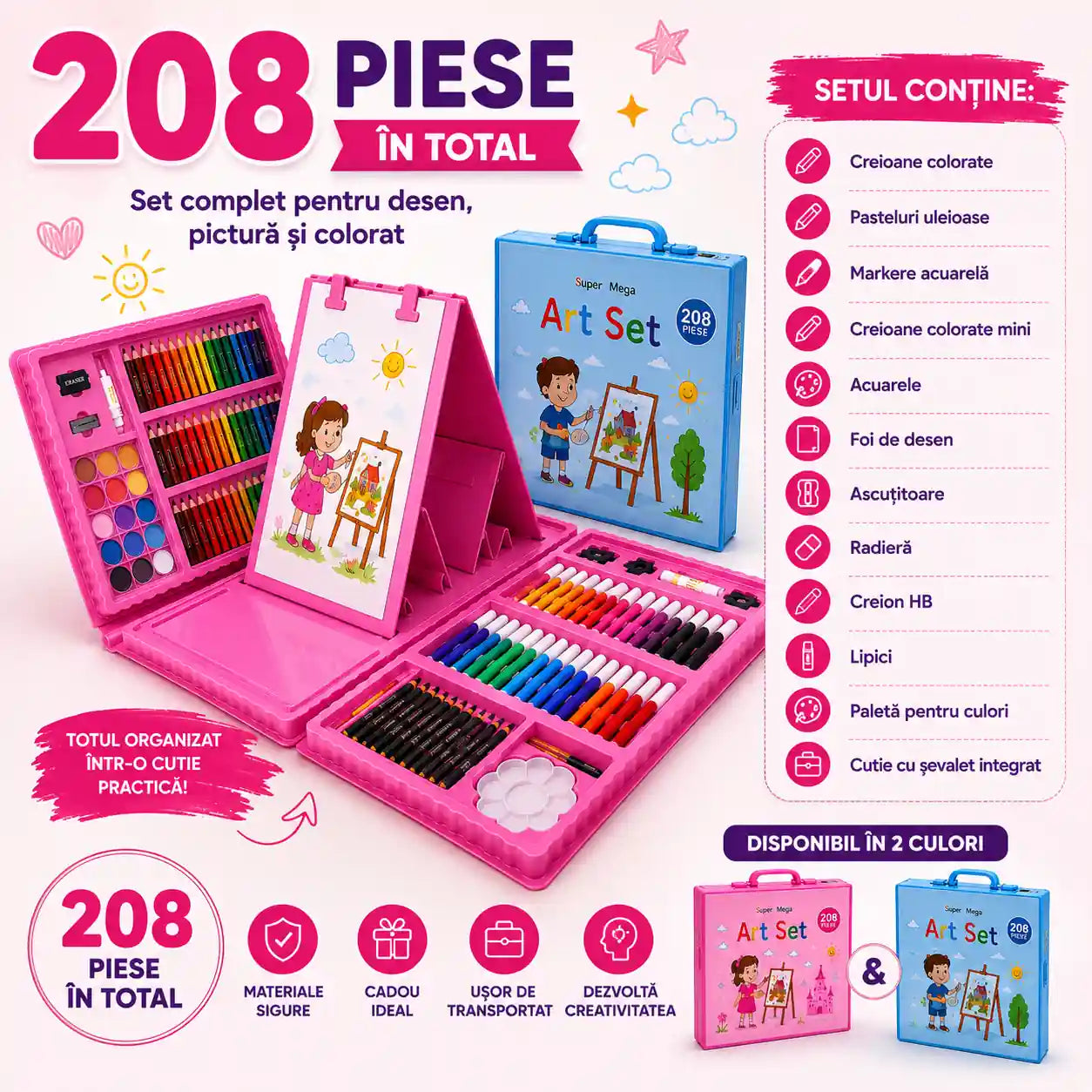 Kitul Micului Artist – Set Complet 208 Piese pentru Desen și Pictură cu Șevalet Integrat