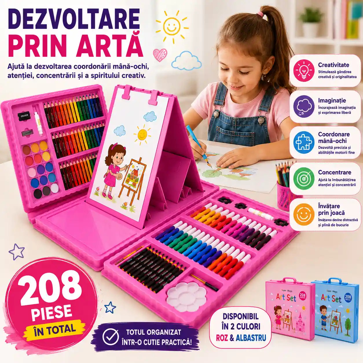 Kitul Micului Artist – Set Complet 208 Piese pentru Desen și Pictură cu Șevalet Integrat