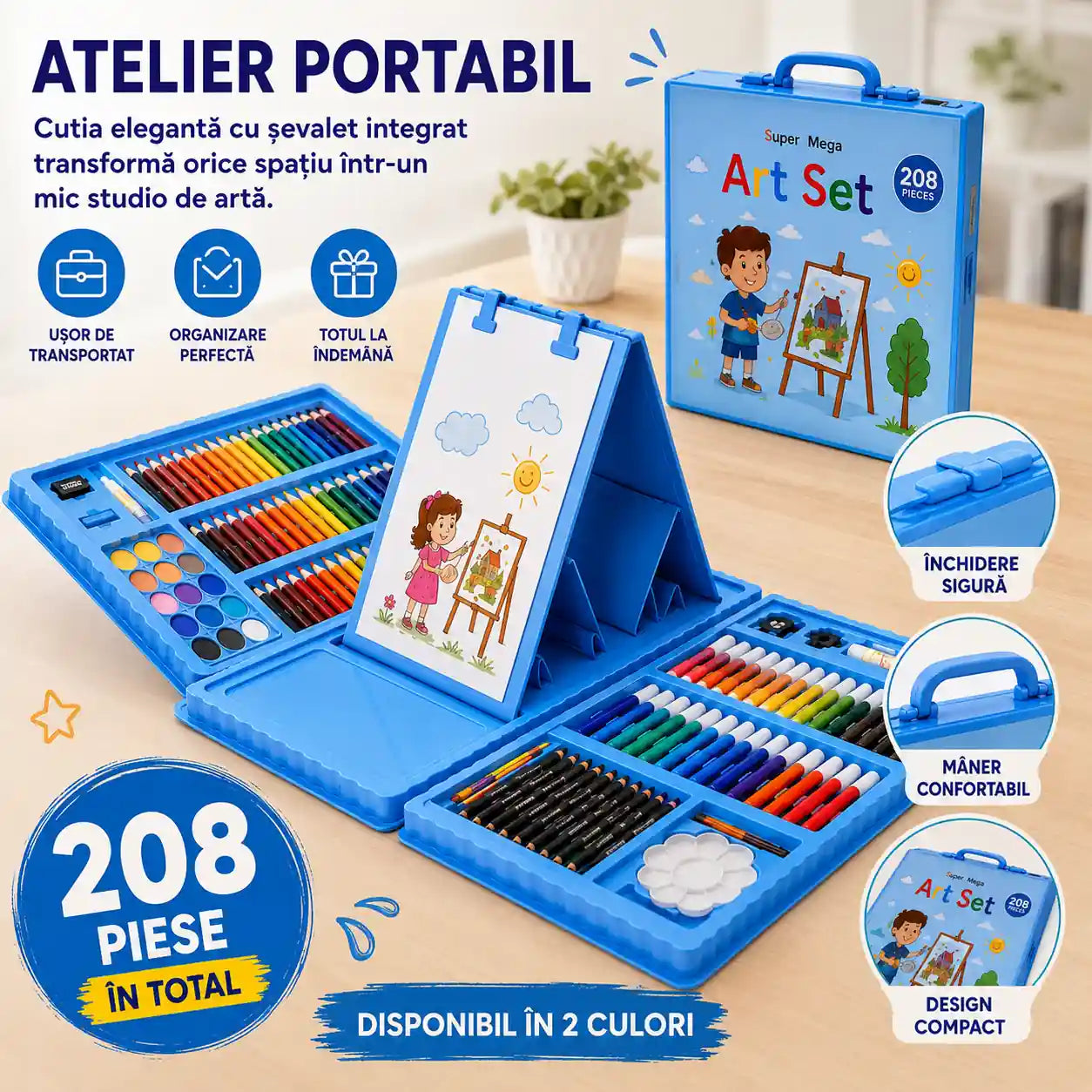 Kitul Micului Artist – Set Complet 208 Piese pentru Desen și Pictură cu Șevalet Integrat