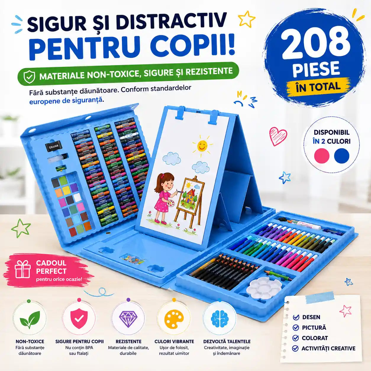 Kitul Micului Artist – Set Complet 208 Piese pentru Desen și Pictură cu Șevalet Integrat