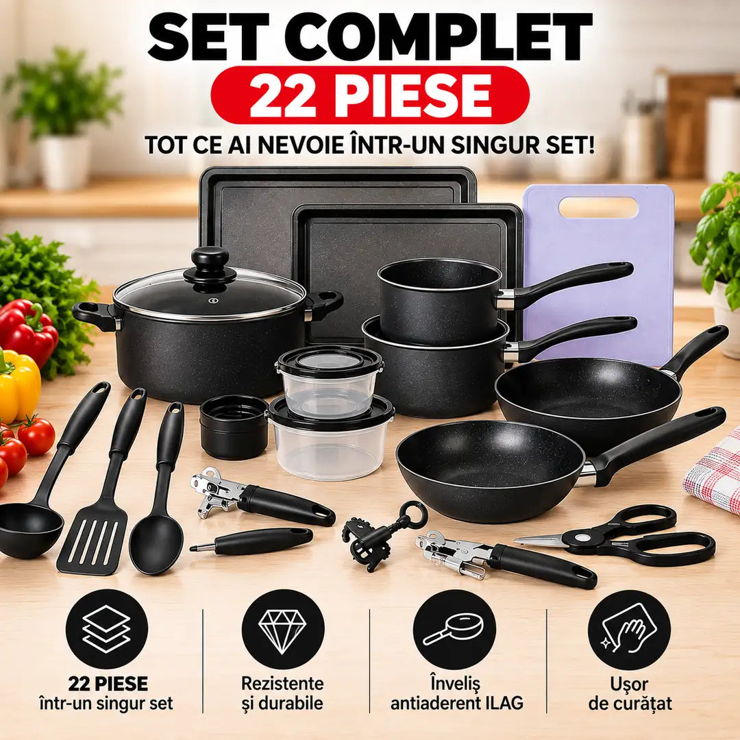 🍳 Tot ce ai nevoie pentru gătit, într-un singur set! – Set Premium de Vase și Ustensile pentru Bucătărie, 22 Piese