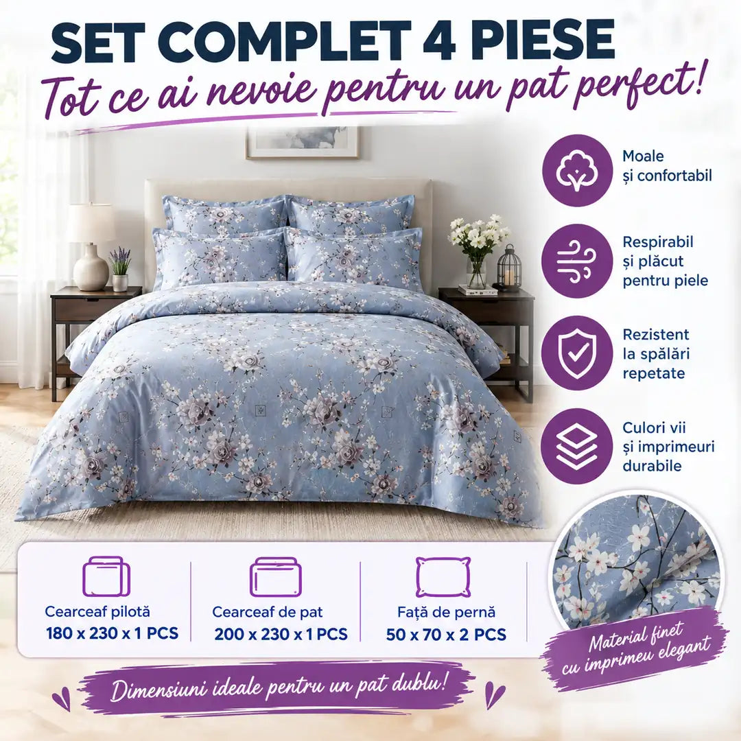 Confort și Eleganță în Fiecare Noapte – Lenjerie de Pat din Finet de Pucioasa, 4 Piese cu Elastic