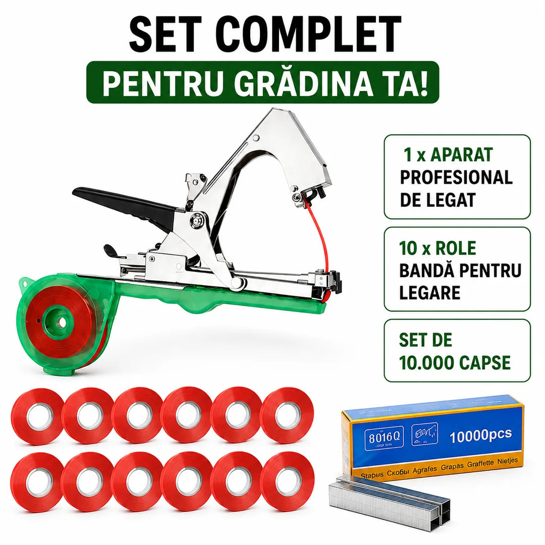 Leagă Plantele Rapid și Fără Efort – Aparat Profesional de Legat Plante cu 10 Role Bandă + 10.000 Capse