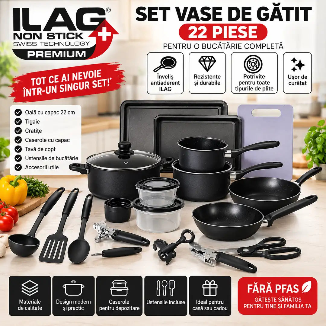 🍳 Tot ce ai nevoie pentru gătit, într-un singur set! – Set Premium de Vase și Ustensile pentru Bucătărie, 22 Piese