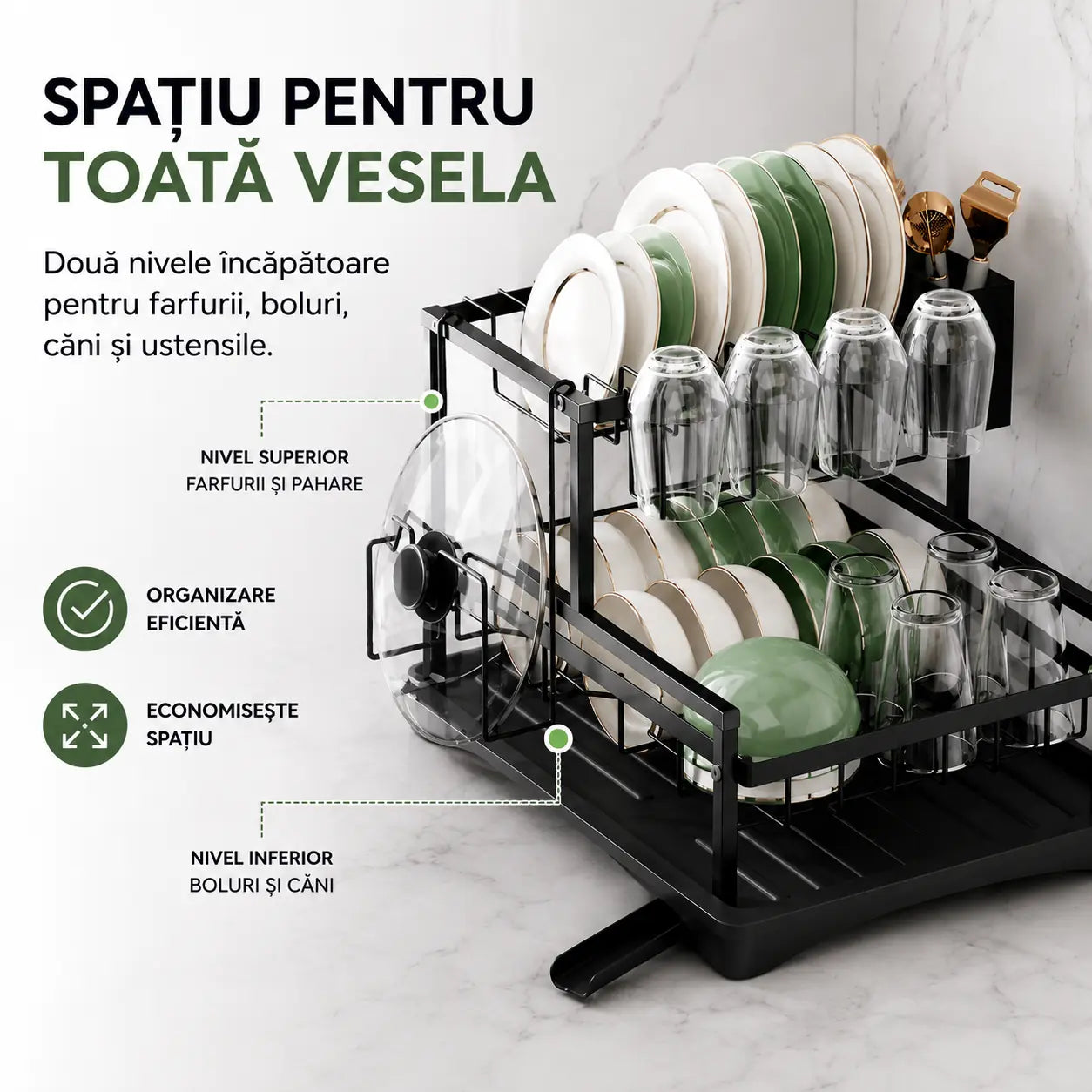 Apa Ajunge Direct În Chiuvetă – Scurgător de Vase cu Suport Pentru Pahare
