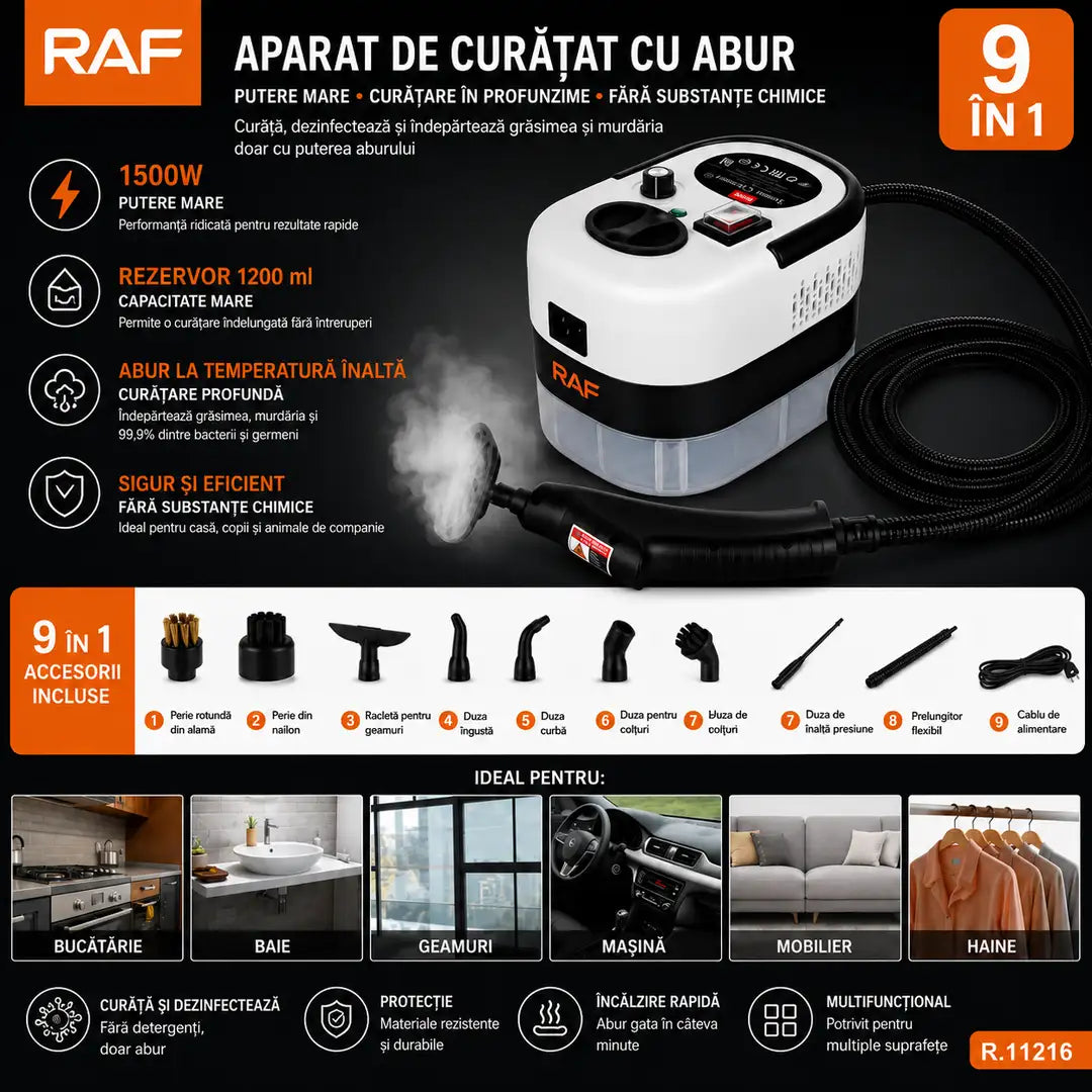 Curățenie profesională acasă, fără detergenți – Aparat de Curățat cu Abur 9 în 1 RAF 1500W
