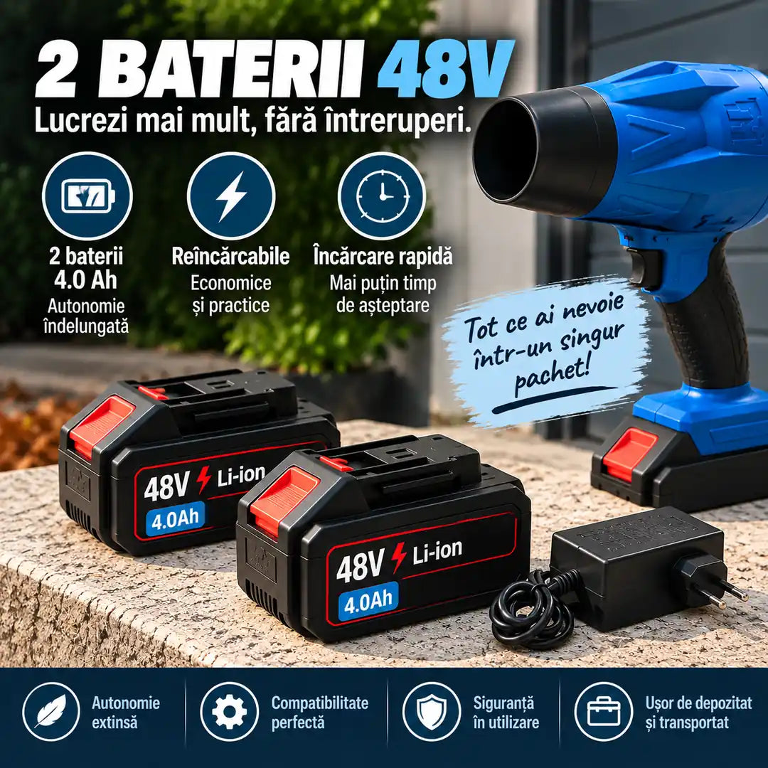Curățenie rapidă fără cabluri și fără efort! 💨 – Suflantă Puternică cu Acumulator, 2 Baterii 48V + Încărcător