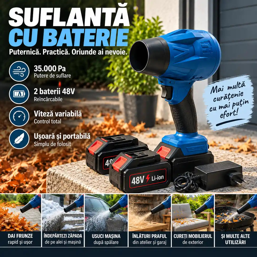 Curățenie rapidă fără cabluri și fără efort! 💨 – Suflantă Puternică cu Acumulator, 2 Baterii 48V + Încărcător