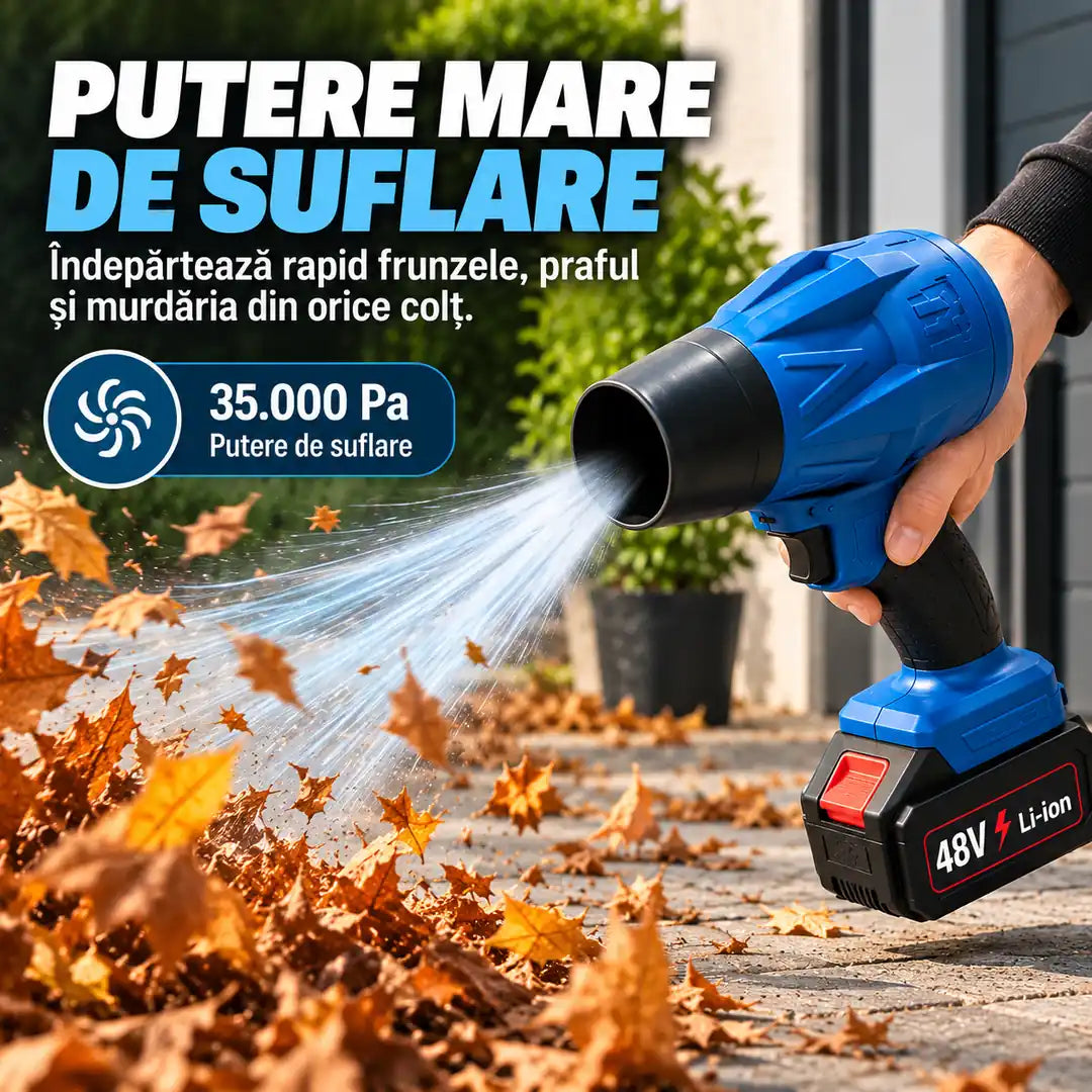 Curățenie rapidă fără cabluri și fără efort! 💨 – Suflantă Puternică cu Acumulator, 2 Baterii 48V + Încărcător