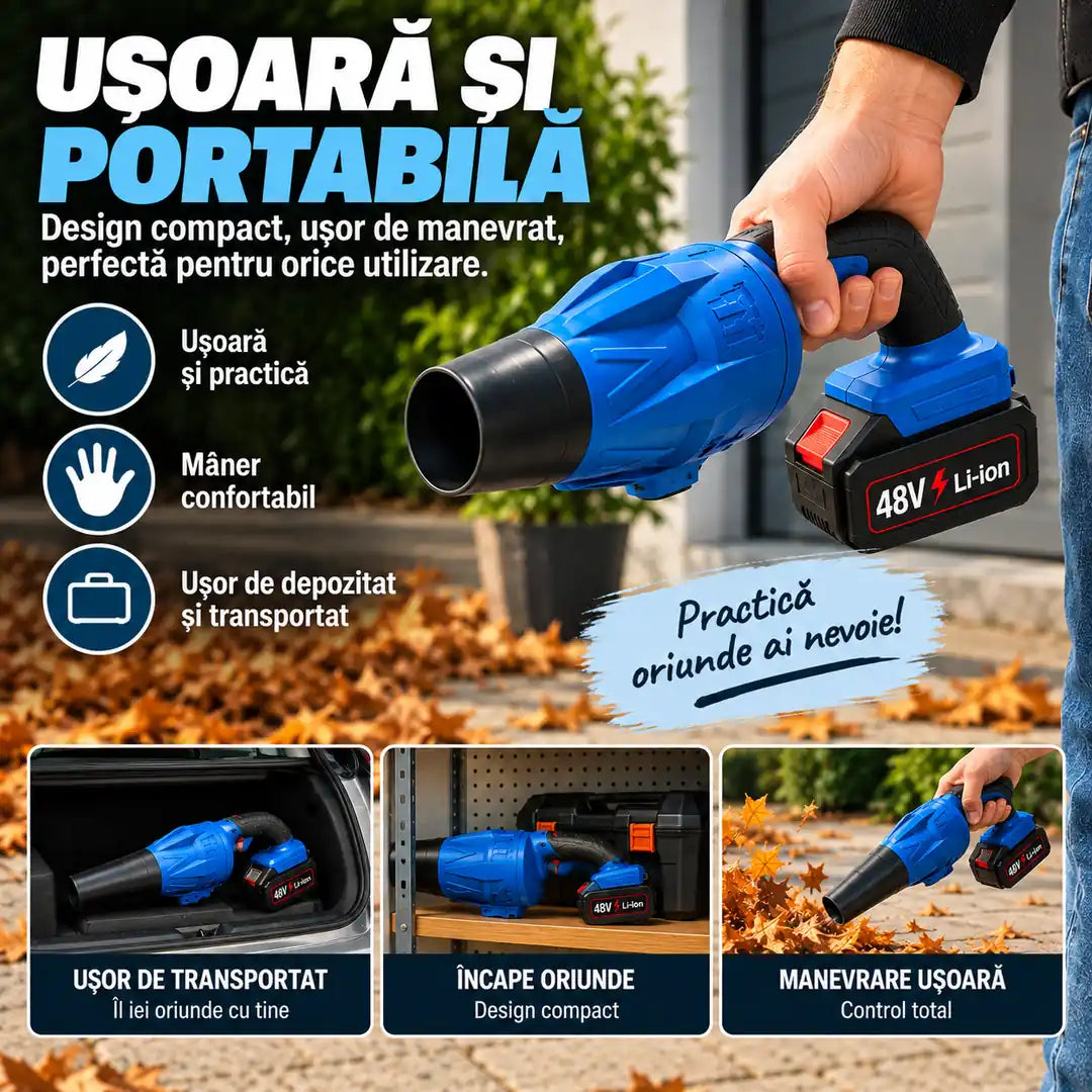 Curățenie rapidă fără cabluri și fără efort! 💨 – Suflantă Puternică cu Acumulator, 2 Baterii 48V + Încărcător