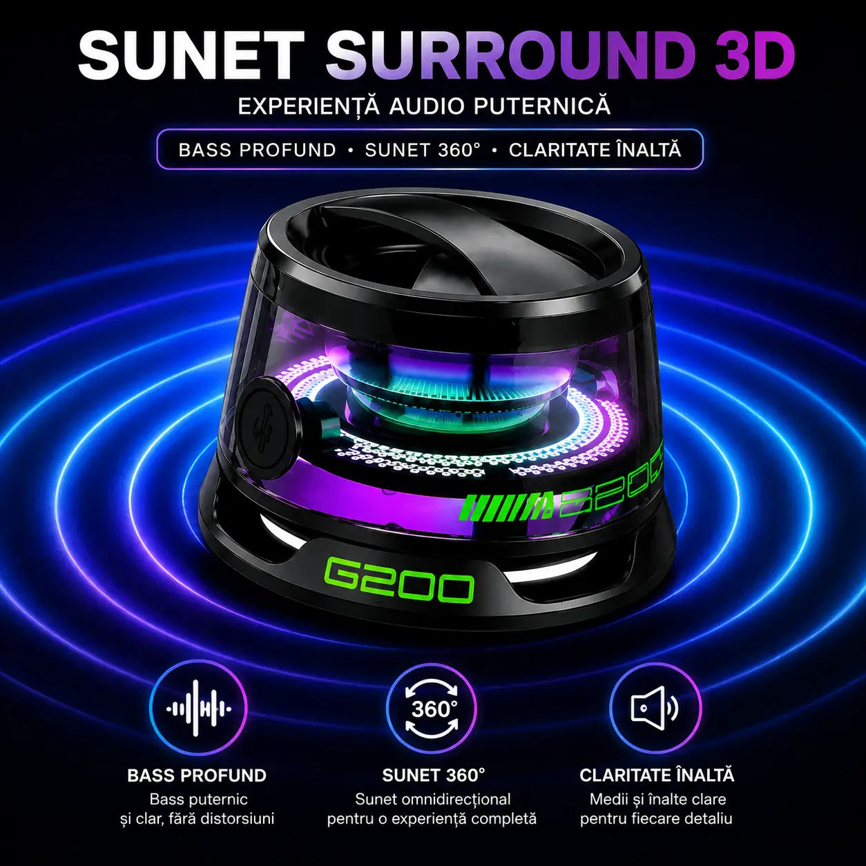 Mini Boxă Bluetooth Magnetică – RGB, IPX7, Sunet 3D