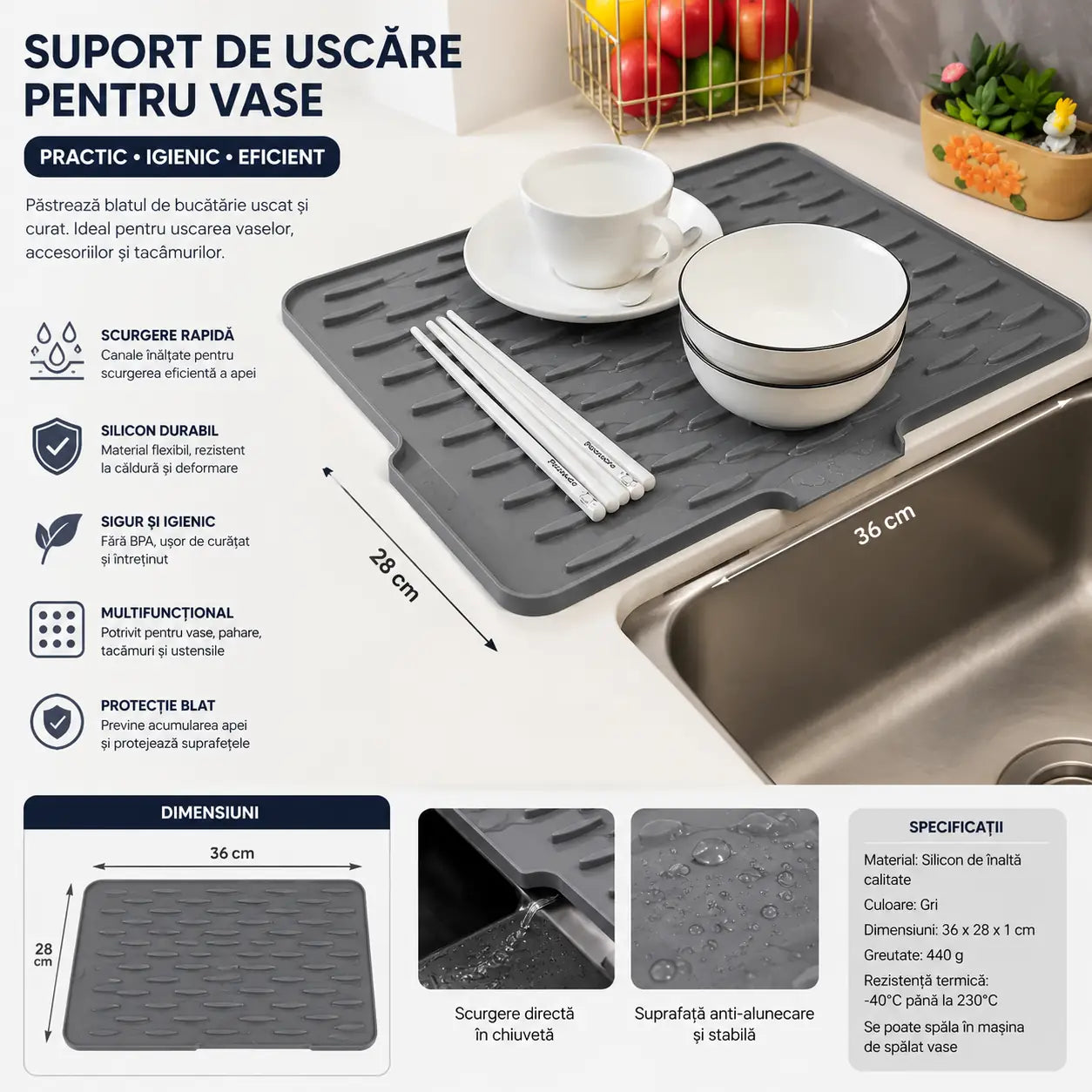 Protejează Blatul și Economisește Spațiu – Suport de Uscare pentru Vase din Silicon