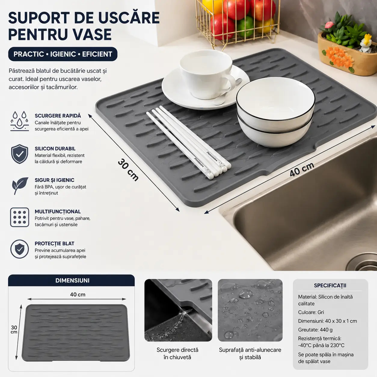 Protejează Blatul și Economisește Spațiu – Suport de Uscare pentru Vase din Silicon