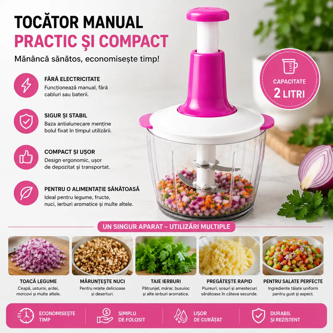 🍅 Tocare rapidă fără curent – Tocător Manual 2L cu Lame Inoxidabile