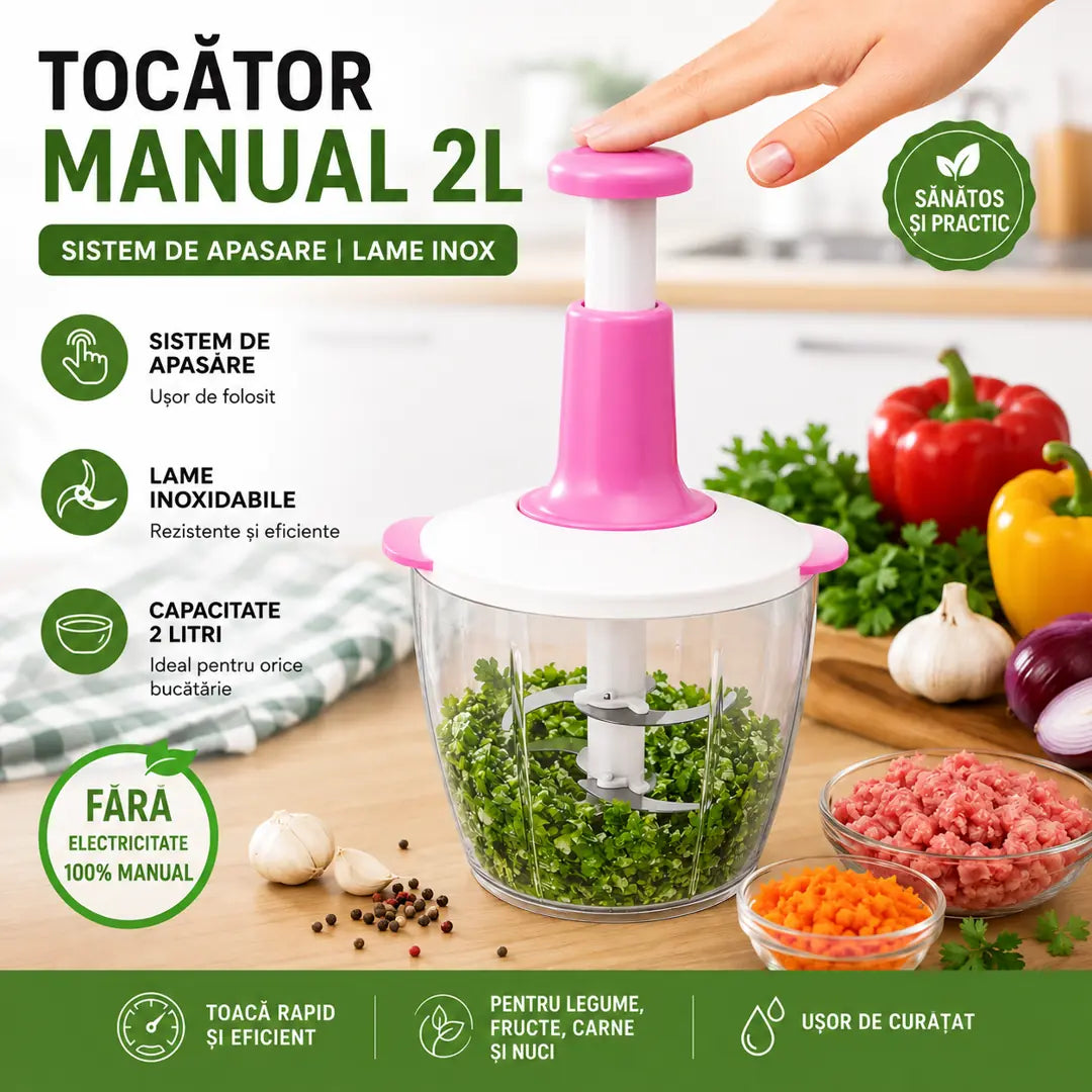 🍅 Tocare rapidă fără curent – Tocător Manual 2L cu Lame Inoxidabile