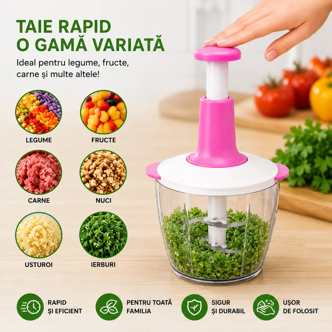 🍅 Tocare rapidă fără curent – Tocător Manual 2L cu Lame Inoxidabile