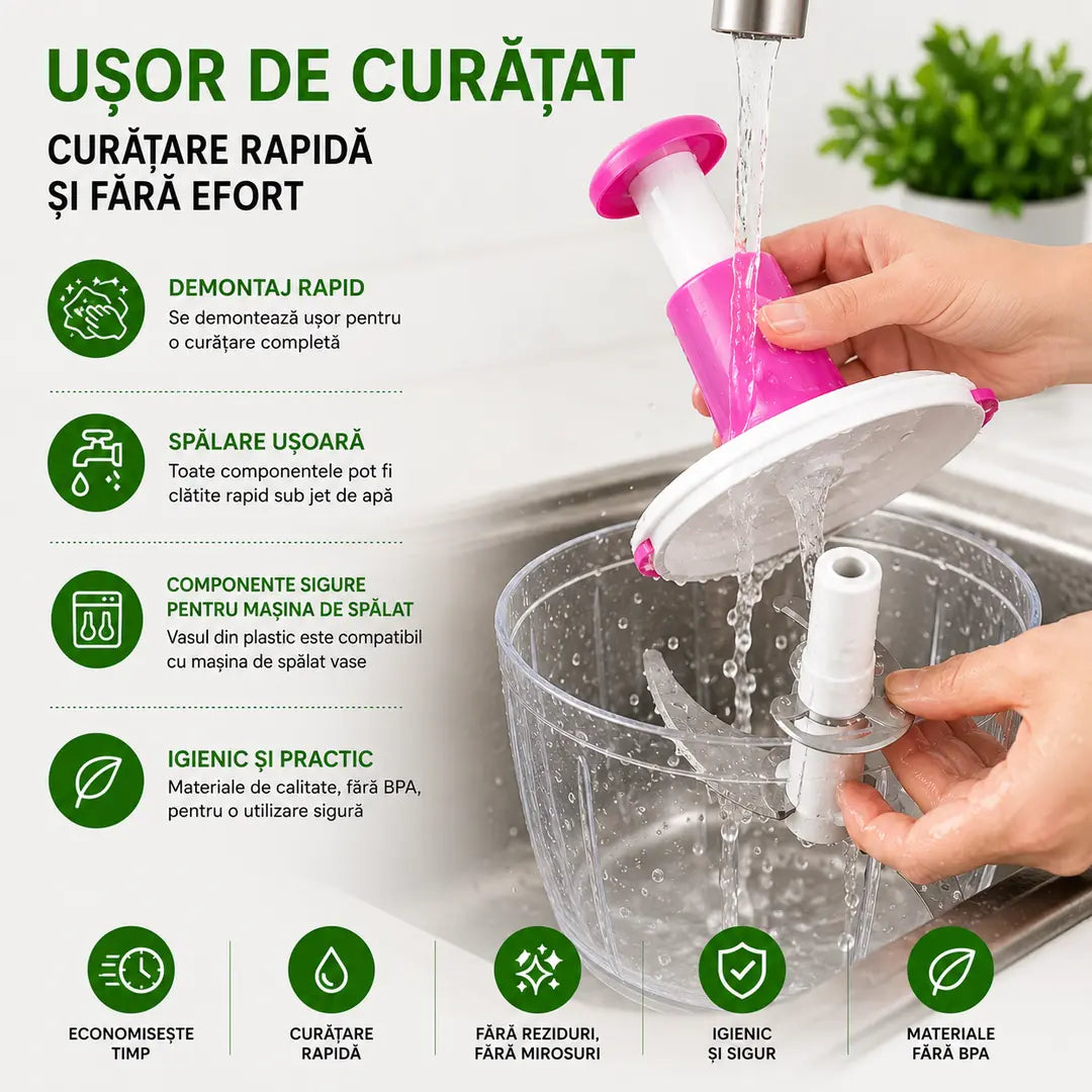 🍅 Tocare rapidă fără curent – Tocător Manual 2L cu Lame Inoxidabile