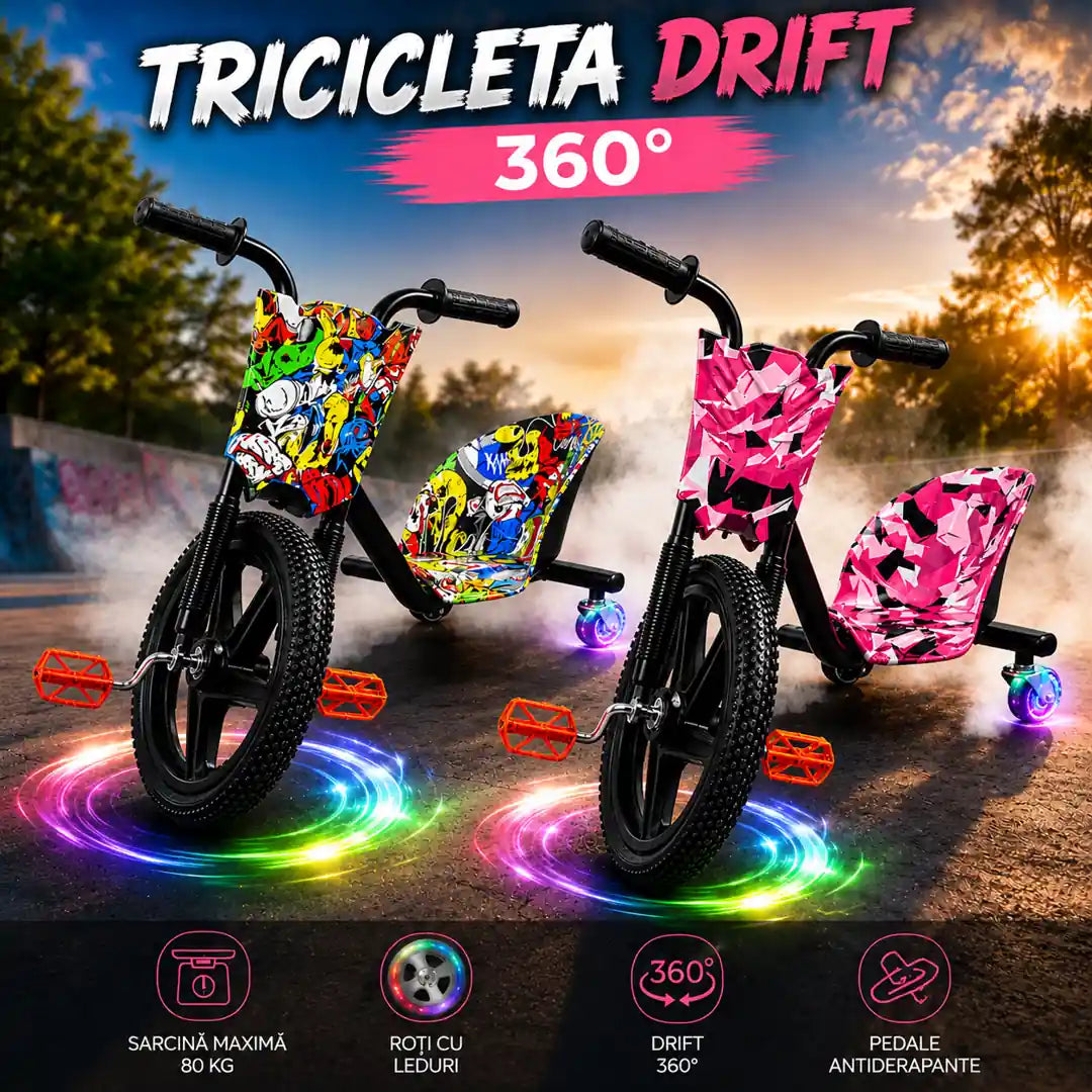 Drift Fără Limite! Tricicletă Drift cu Roți LED, Scaun Tip Cupă și Capacitate 80 KG
