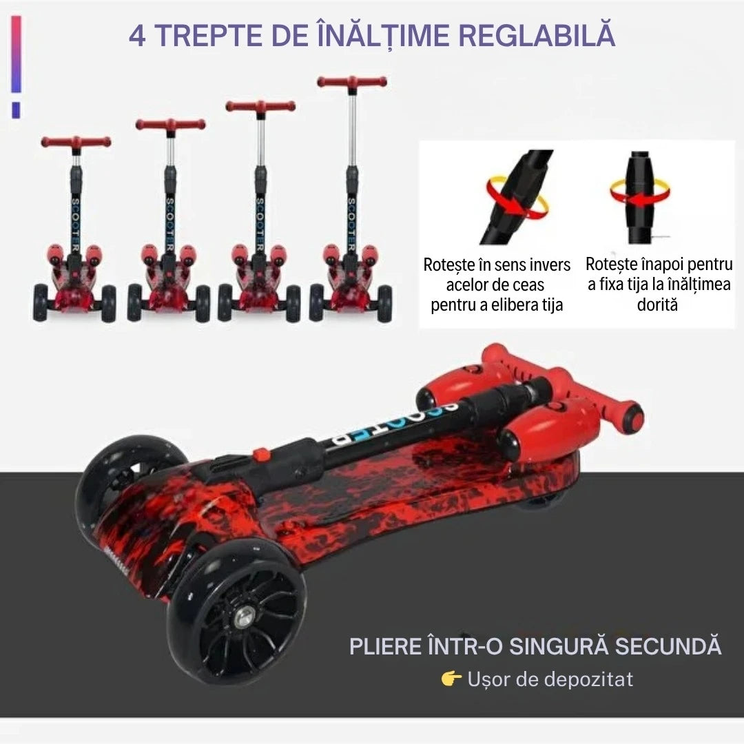 Trotinetă copii cu LED, Abur și Muzică USB, Înălțime Reglabilă și Pliabilă