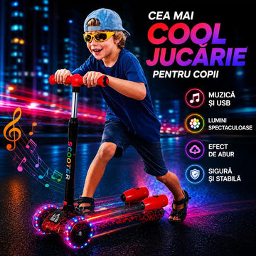 Trotinetă copii cu LED, Abur și Muzică USB, Înălțime Reglabilă și Pliabilă