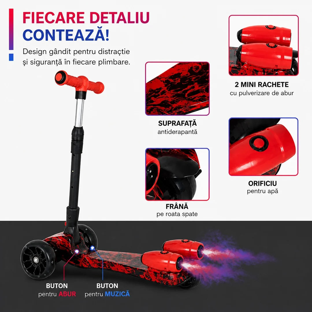Trotinetă copii cu LED, Abur și Muzică USB, Înălțime Reglabilă și Pliabilă
