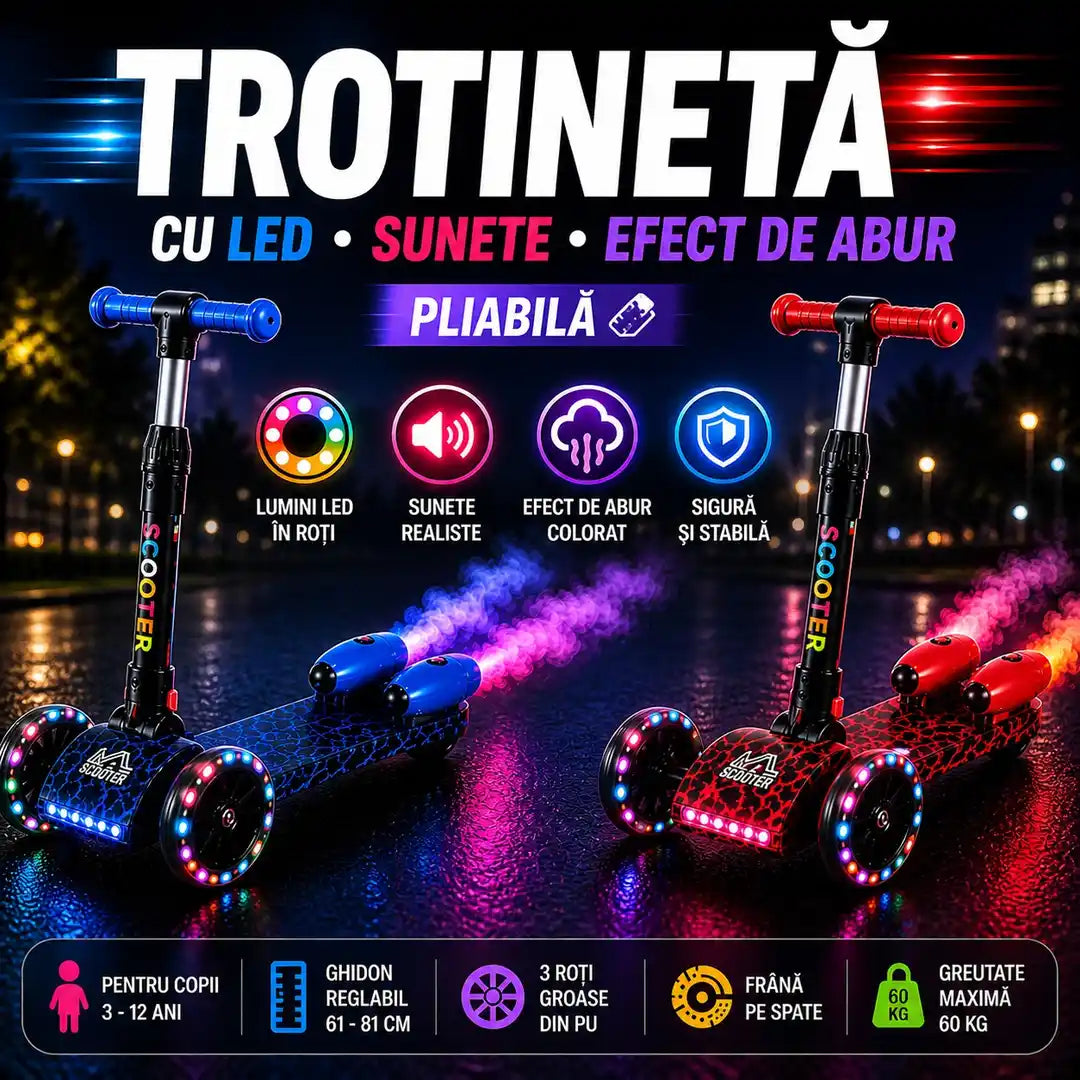 Trotinetă copii cu LED, Abur și Muzică USB, Înălțime Reglabilă și Pliabilă