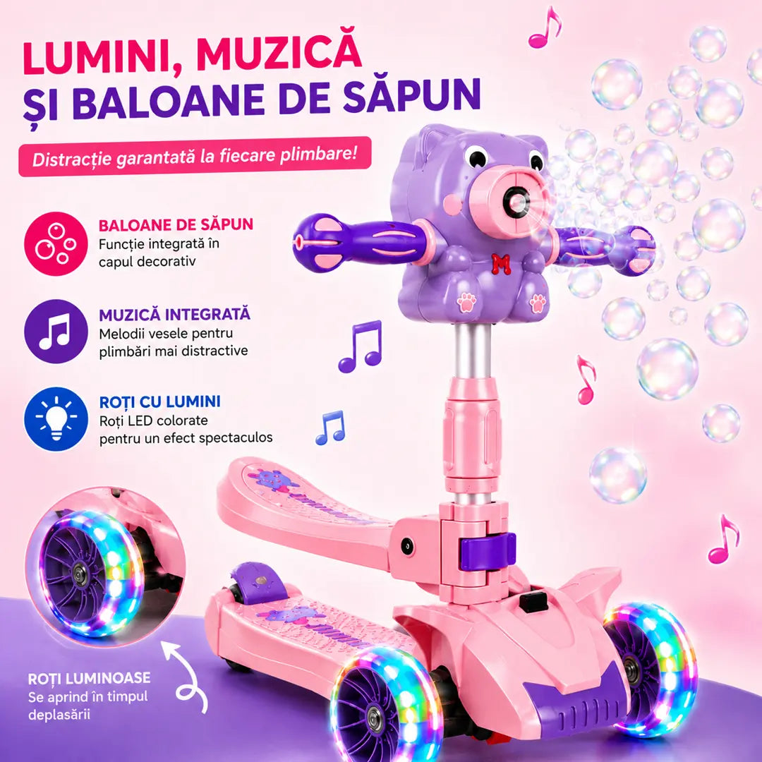 Lumini, Muzică și Baloane la Fiecare Plimbare – Trotinetă Copii 3 Roți Ursuleț cu Scăunel