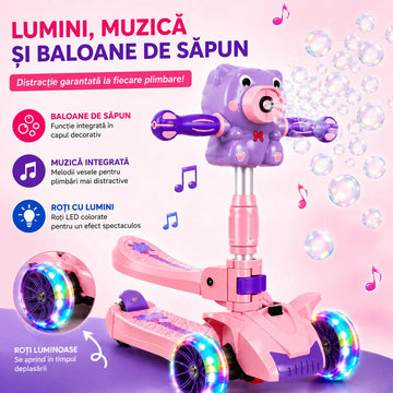 Lumini, Muzică și Baloane la Fiecare Plimbare – Trotinetă Copii 3 Roți Ursuleț cu Scăunel