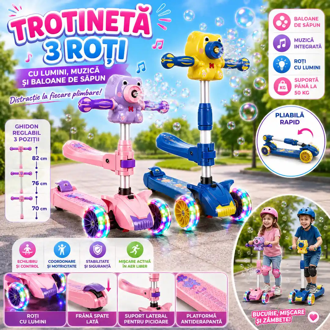 Lumini, Muzică și Baloane la Fiecare Plimbare – Trotinetă Copii 3 Roți Ursuleț cu Scăunel