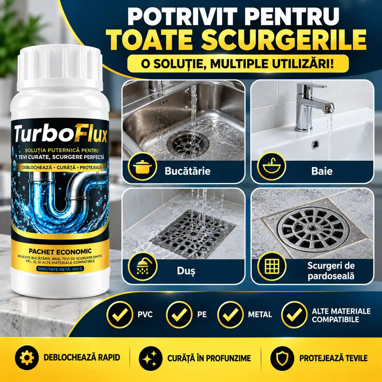 5+5 CADOU! Scapă rapid de țevile înfundate – Soluție Puternică pentru Curățarea și Deblocarea Țevilor