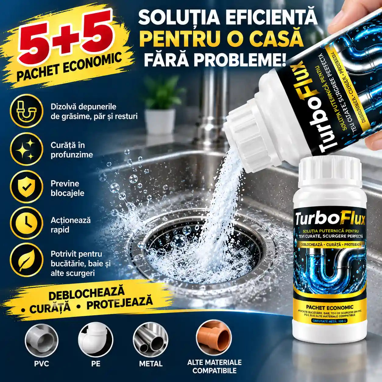 5+5 CADOU! Scapă rapid de țevile înfundate – Soluție Puternică pentru Curățarea și Deblocarea Țevilor