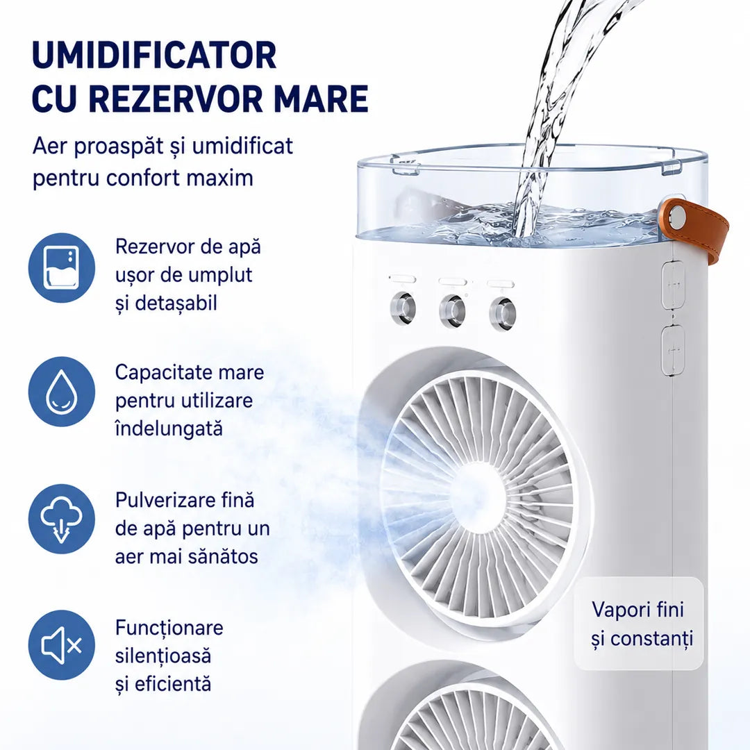 ❄️ Aer Răcoros și Confort Maxim – Ventilator Portabil cu Umidificator și Telecomandă