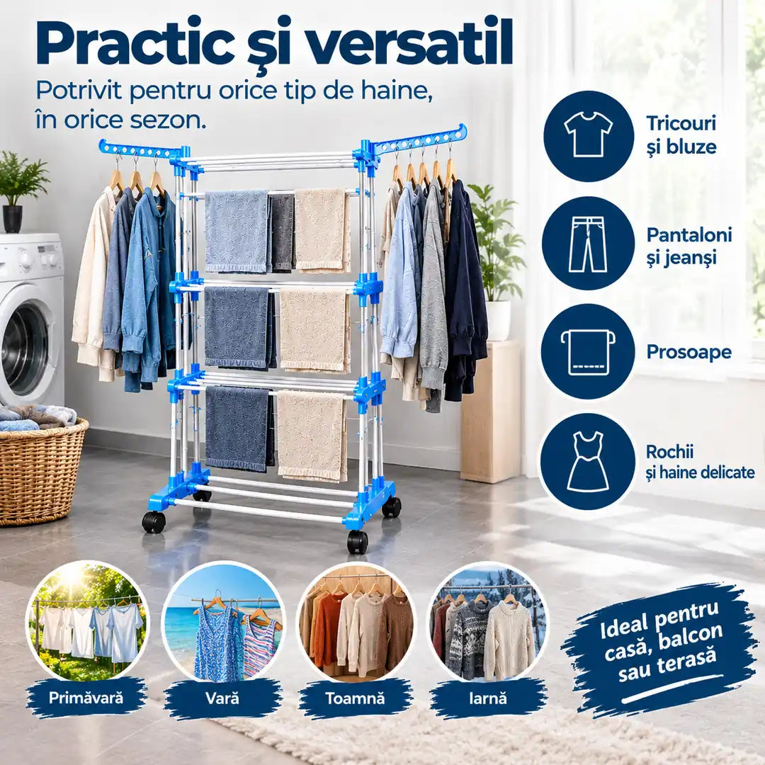 Mai mult spațiu pentru rufe, mai puțină aglomerație în casă – Uscător de Rufe cu 4 Niveluri și Roți - 75x57x170cm