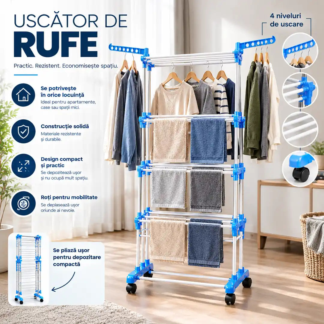 Mai mult spațiu pentru rufe, mai puțină aglomerație în casă – Uscător de Rufe cu 4 Niveluri și Roți - 75x57x170cm