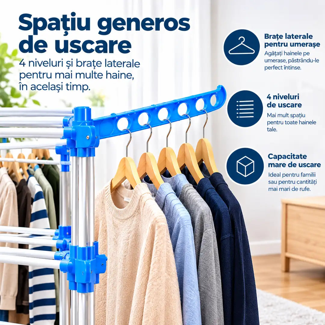 Mai mult spațiu pentru rufe, mai puțină aglomerație în casă – Uscător de Rufe cu 4 Niveluri și Roți - 75x57x170cm