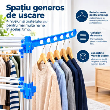 Mai mult spațiu pentru rufe, mai puțină aglomerație în casă – Uscător de Rufe cu 4 Niveluri și Roți - 75x57x170cm