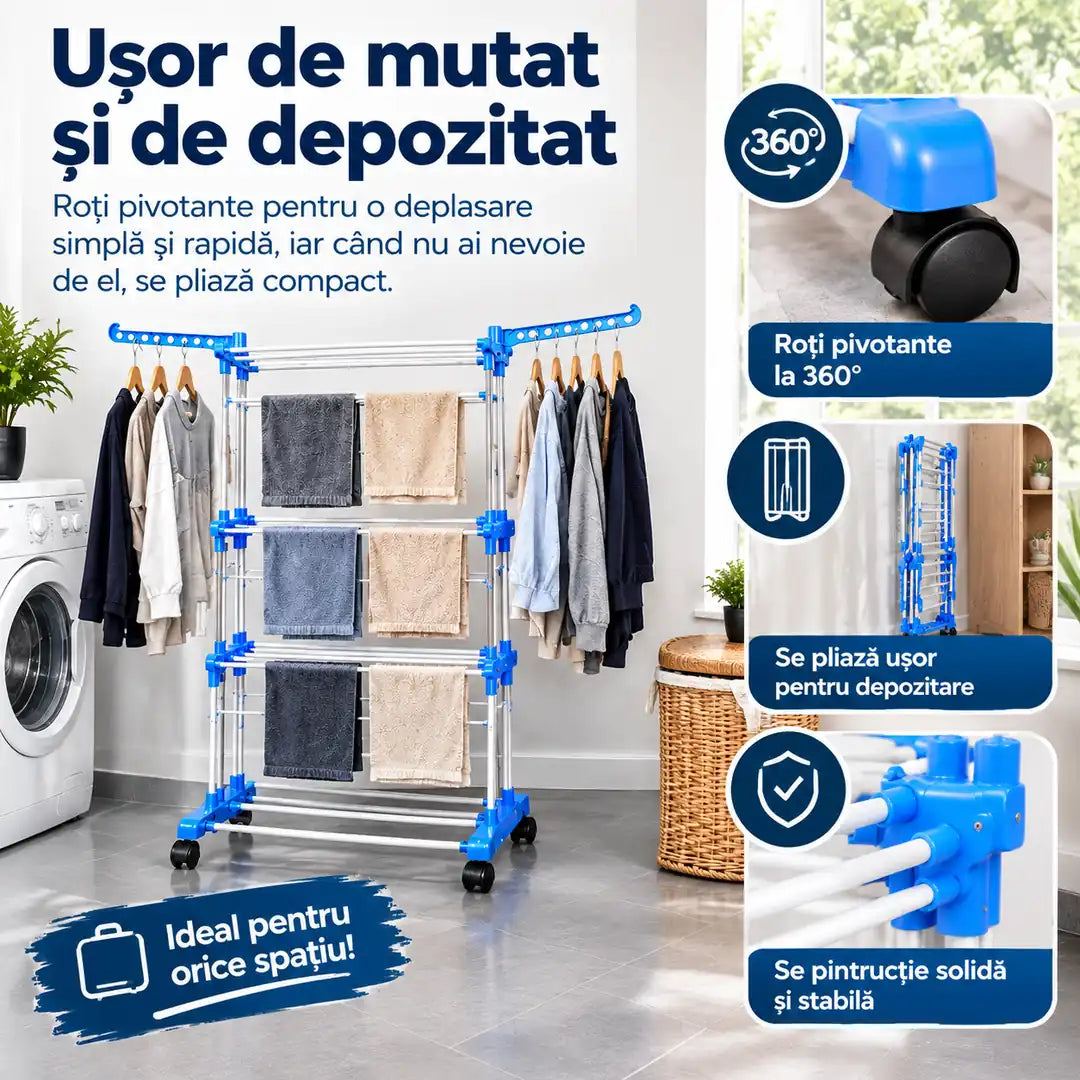 Mai mult spațiu pentru rufe, mai puțină aglomerație în casă – Uscător de Rufe cu 4 Niveluri și Roți - 75x57x170cm
