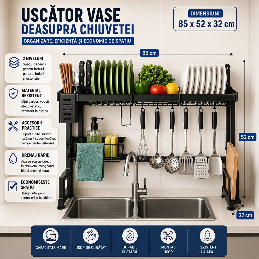Totul la îndemână, fără dezordine – Uscător de vase deasupra chiuvetei 85×52×32 cm