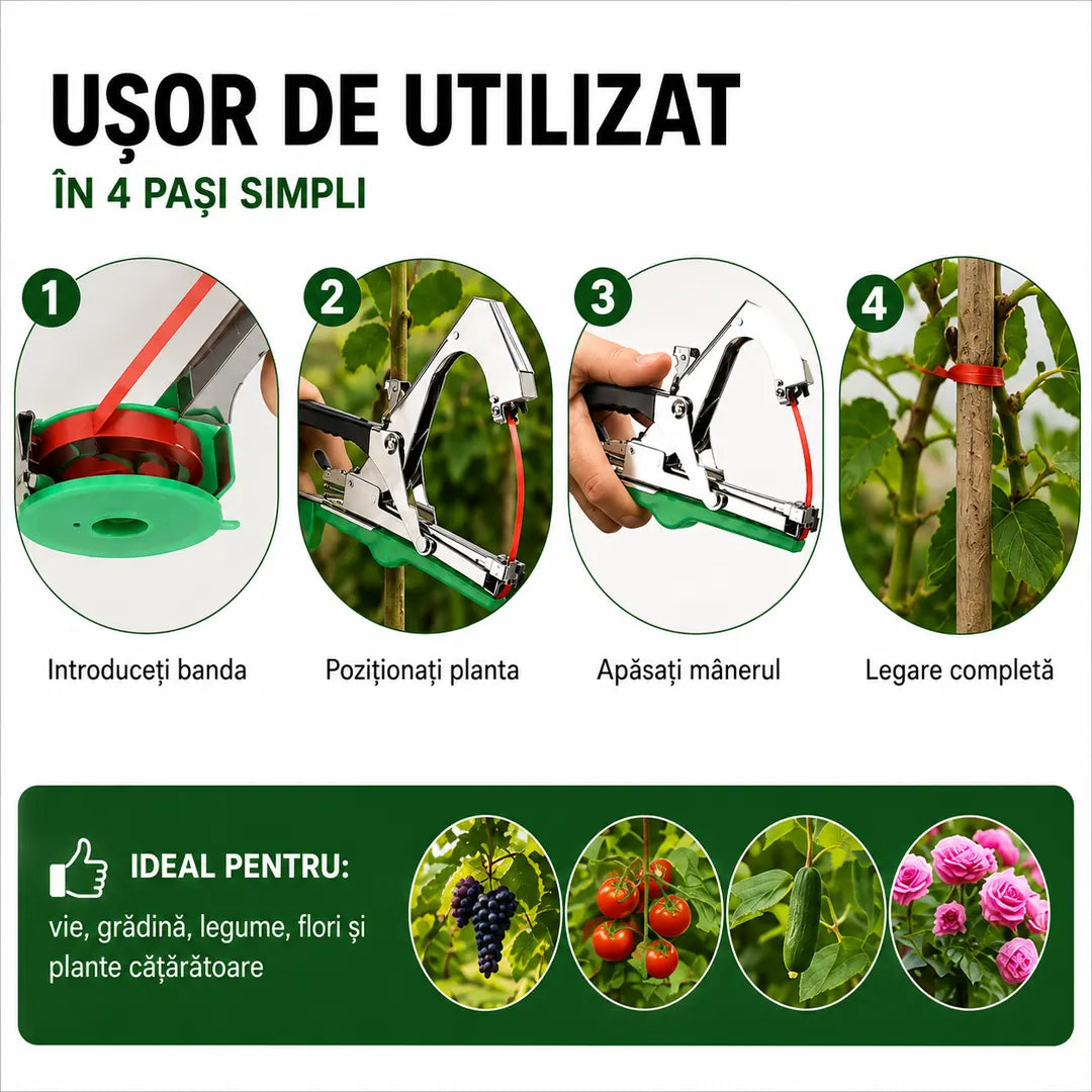 Leagă Plantele Rapid și Fără Efort – Aparat Profesional de Legat Plante cu 10 Role Bandă + 10.000 Capse