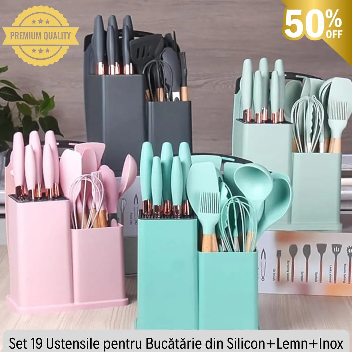 Set complet de bucătărie – 19 ustensile elegante (silicon + lemn) fără zgârieturi