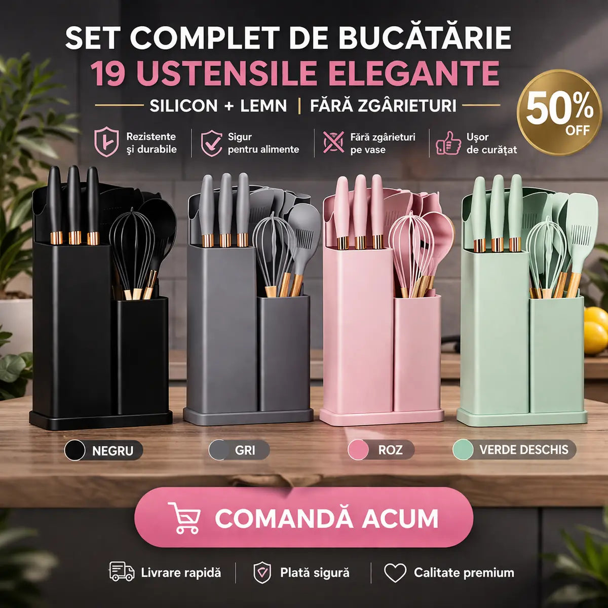 Set complet de bucătărie – 19 ustensile elegante (silicon + lemn) fără zgârieturi