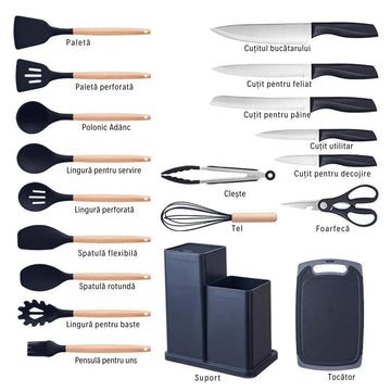 Set complet de bucătărie – 19 ustensile elegante (silicon + lemn) fără zgârieturi