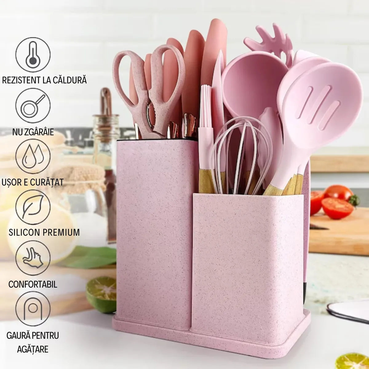 Set complet de bucătărie – 19 ustensile elegante (silicon + lemn) fără zgârieturi