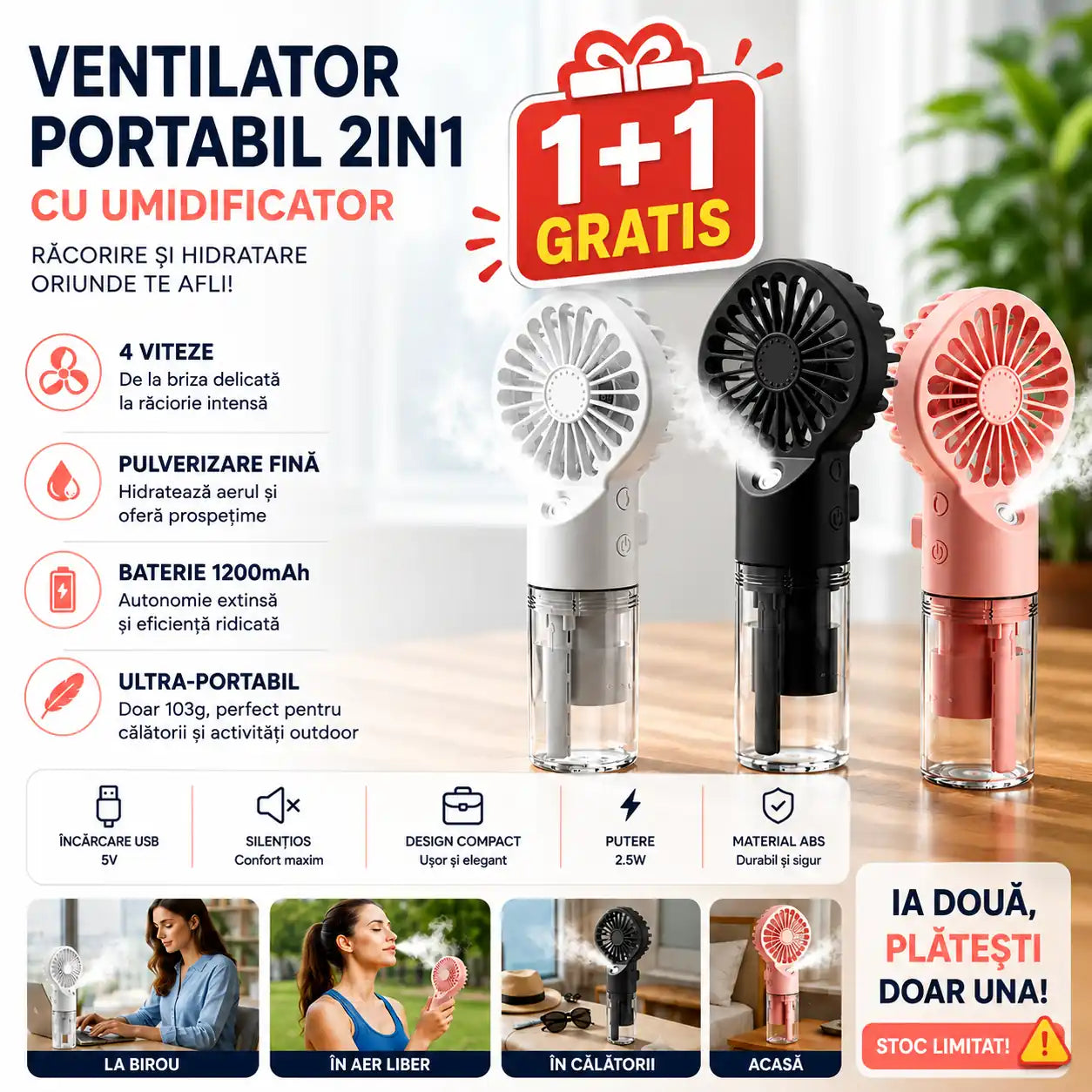Mic ca dimensiune, mare la confort – Ventilator Portabil 2 în 1 cu Umidificator