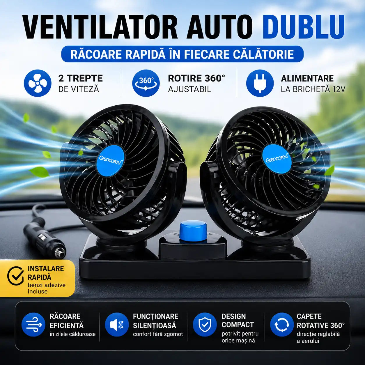 Transformă orice drum într-o călătorie confortabilă – Ventilator Auto Dublu 12V cu Rotire 360°